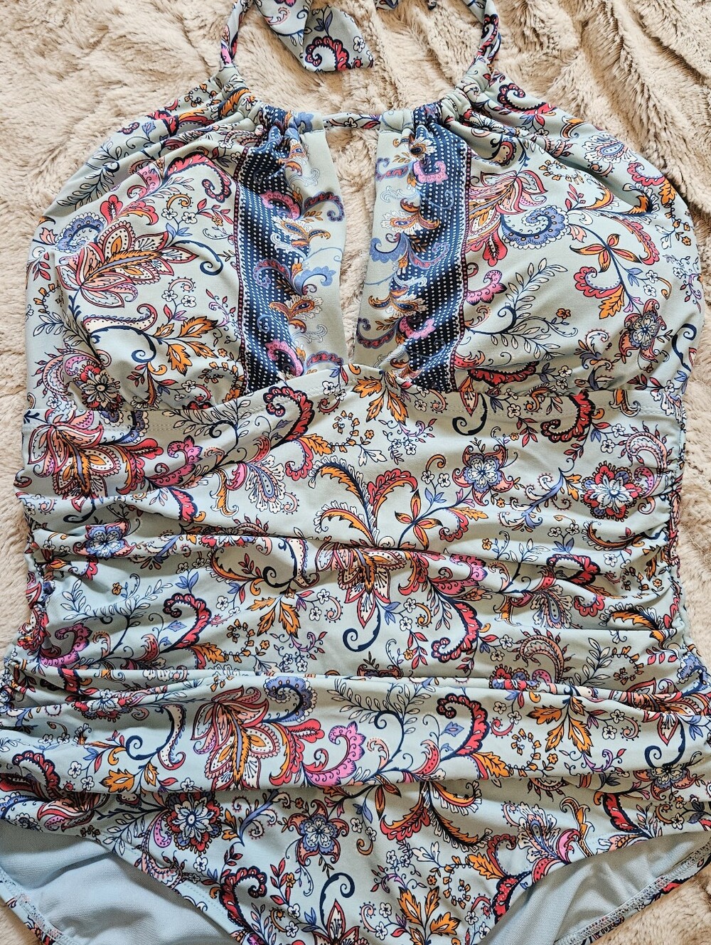 Kenneth Cole Reaction Light Blue Halter Swimsuit with Multicolor Paisley Trim